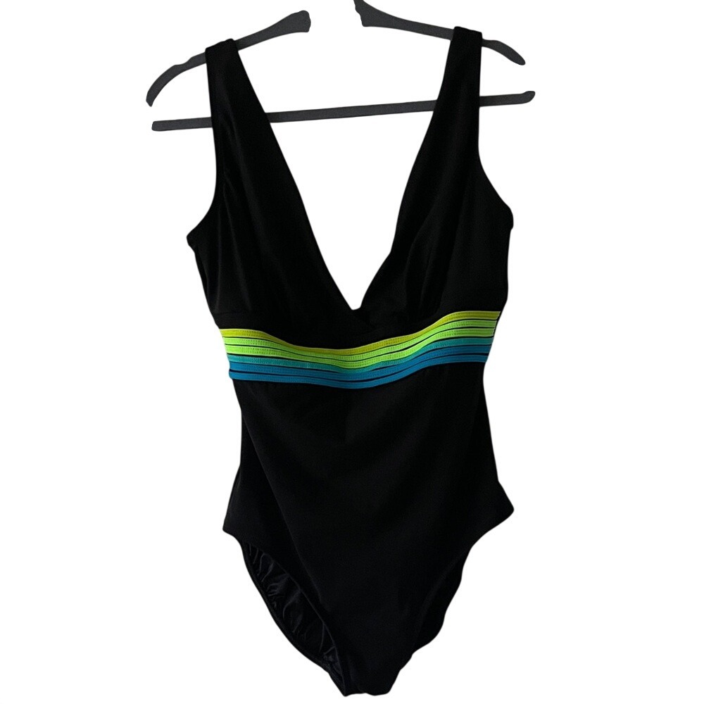 Longitude Black Womens V Neck One-Piece Swimsuit 16